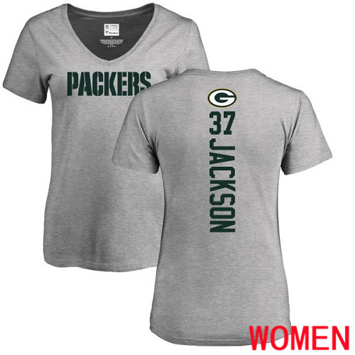 Green Bay Packers Ash Women #37 Jackson Josh Backer V-Neck Nike NFL T Shirt